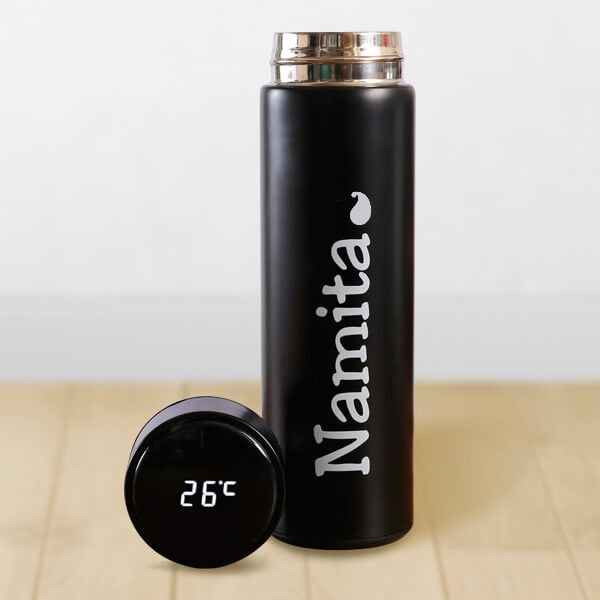 Water Bottle Customized Name LED Touch Temperature Display Hot And Cold Thermal Flask - Metal Body - 450 ML
