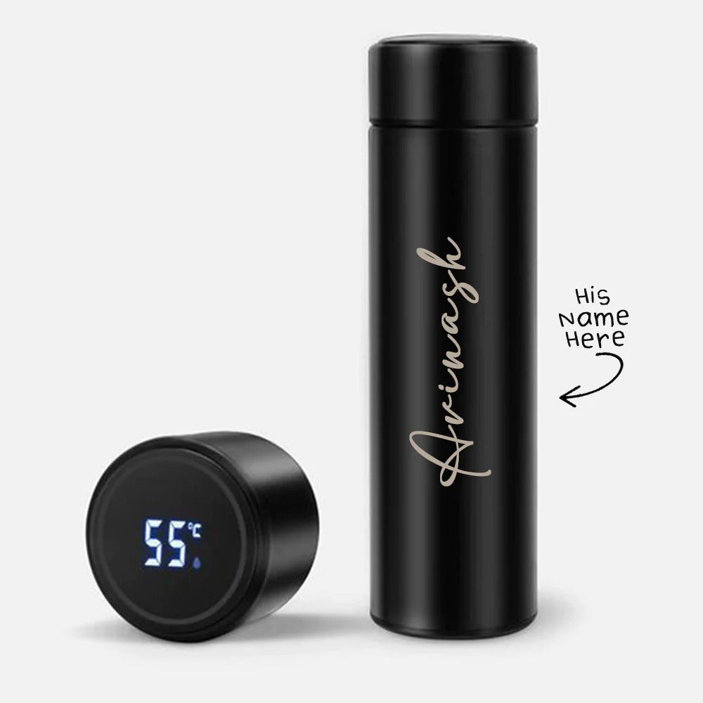 Water Bottle Customized Name LED Touch Temperature Display Hot And Cold Thermal Flask - Metal Body - 450 ML