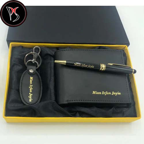Customize Name On Wallet Keychain and pen With Gift Box Packing (PERFECT GIFT TO SEND YOUR FATHER , HUSBAND , FIANCE OR ANY ONE)