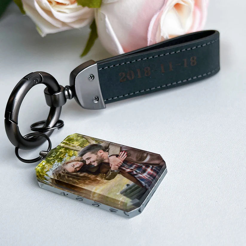 Drive Safe My Love Personalized Laser Engraved Leather Crystal Photo KeyChain