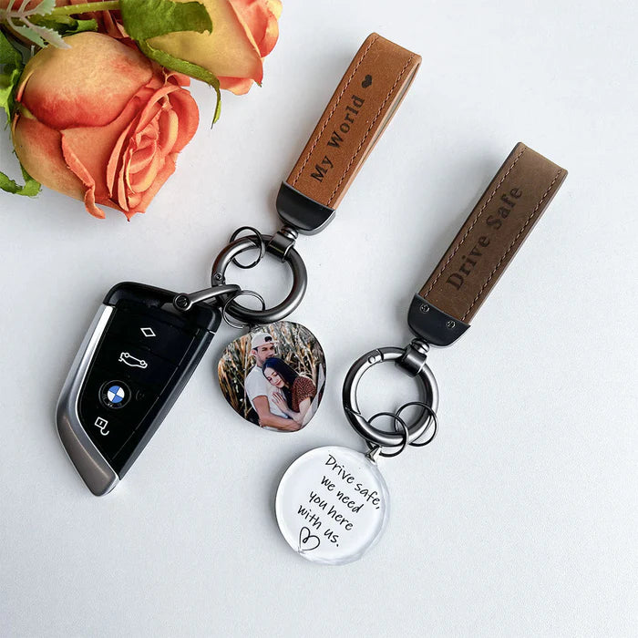 Drive Safe My Love Personalized Laser Engraved Leather Crystal Photo KeyChain