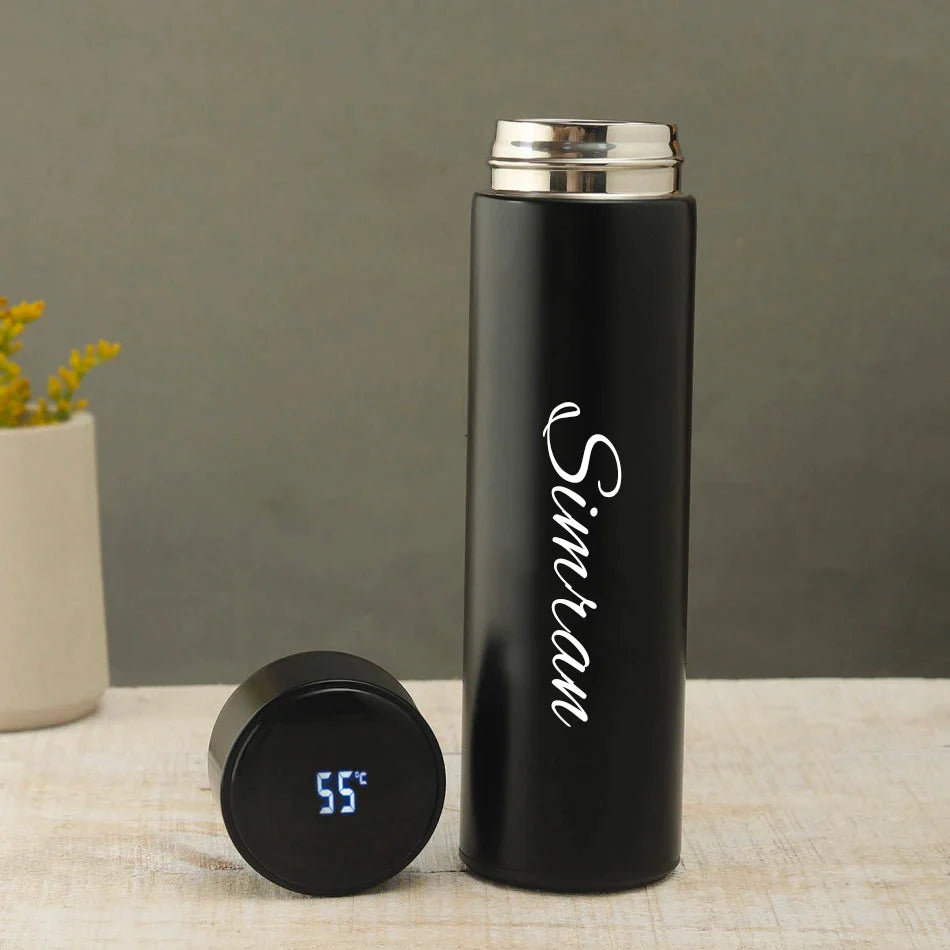 Water Bottle Customized Name LED Touch Temperature Display Hot And Cold Thermal Flask - Metal Body - 450 ML