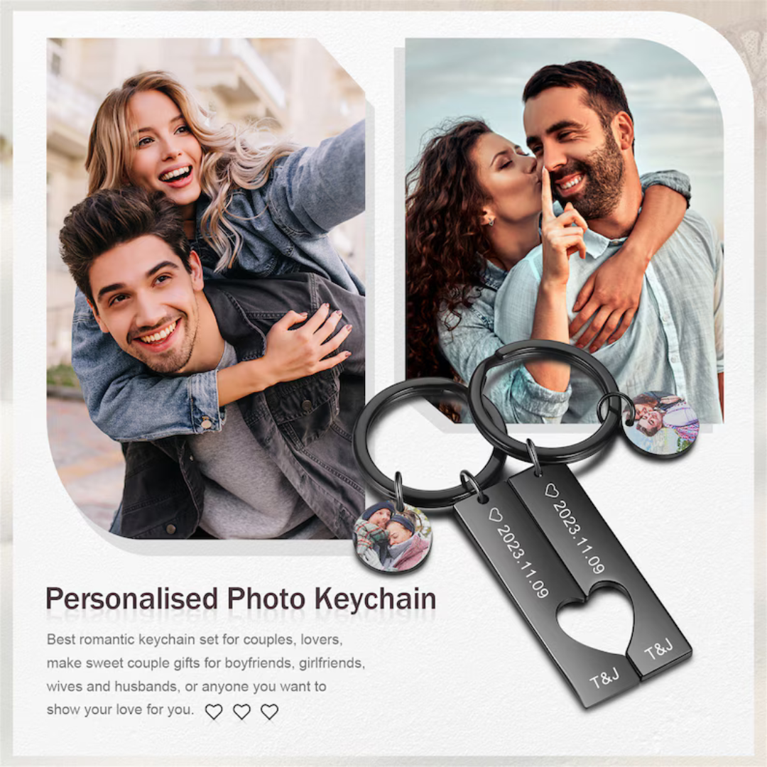 Custom Matching Keychain, Couple Keychain with Photo, Engraved Keychain, Valentine's Day Gift for Boyfriend Girlfriend, Couple Keychain Set