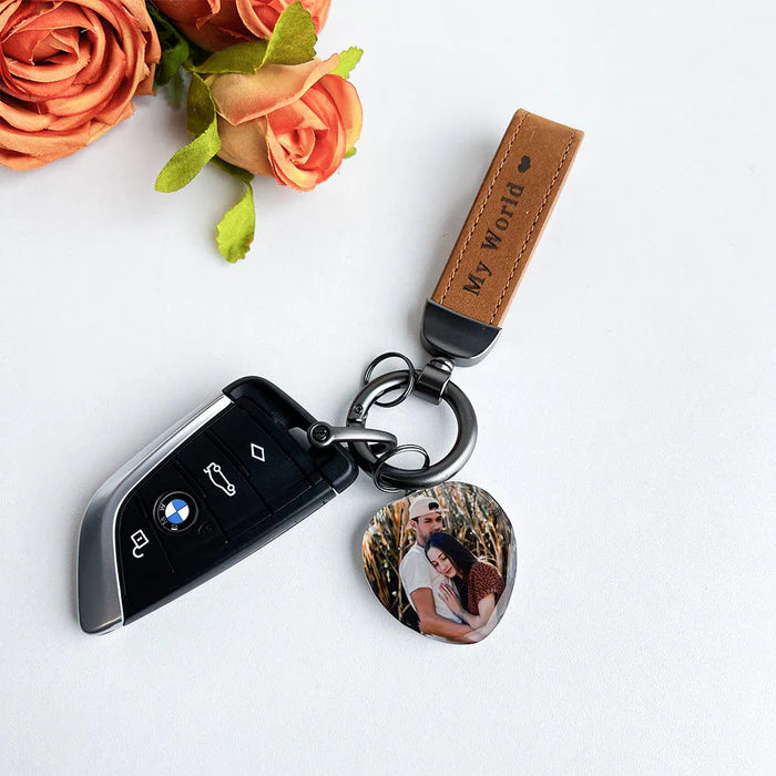 Drive Safe My Love Personalized Laser Engraved Leather Crystal Photo KeyChain