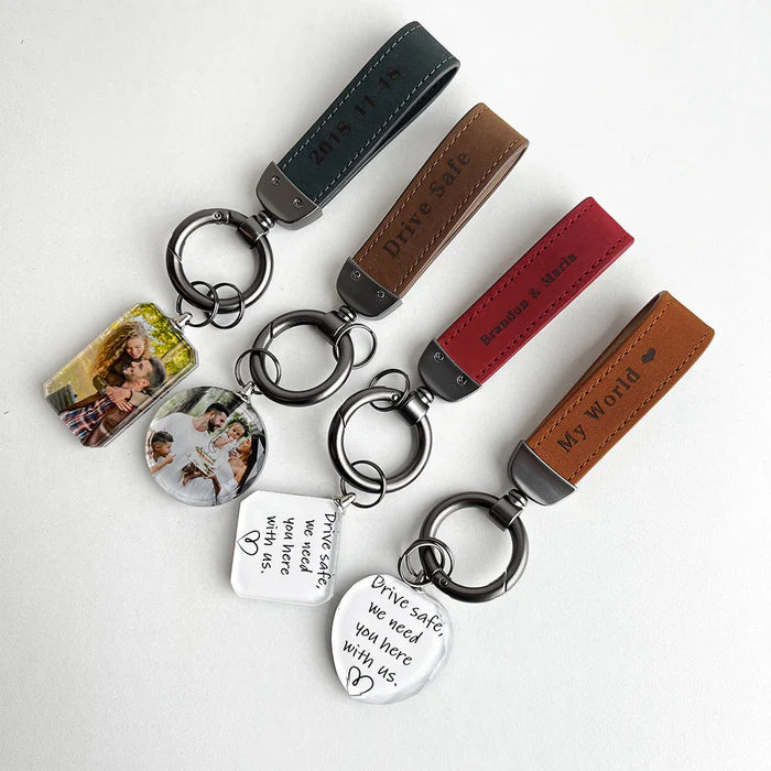 Drive Safe My Love Personalized Laser Engraved Leather Crystal Photo KeyChain