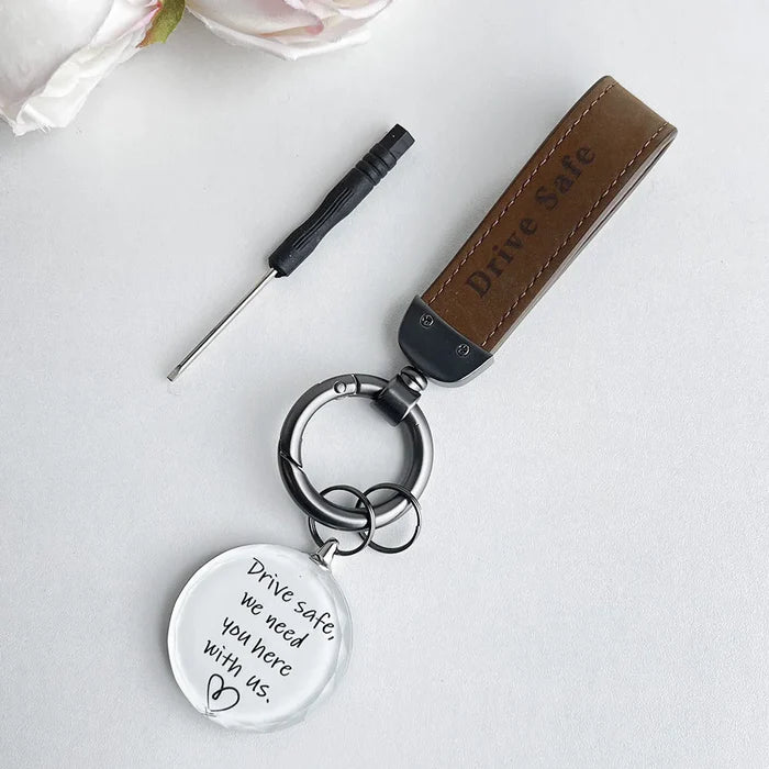 Drive Safe My Love Personalized Laser Engraved Leather Crystal Photo KeyChain