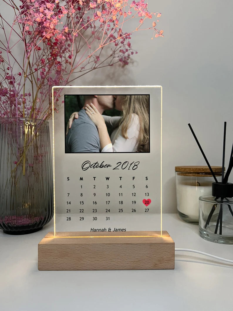 Custom Personalized Night Light Photo Picture LED Light Stand Anniversary Wedding Couples Friends Family Calendar Date Month Memories Gifts