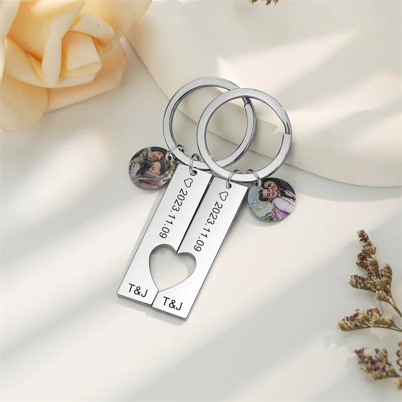 Custom Matching Keychain, Couple Keychain with Photo, Engraved Keychain, Valentine's Day Gift for Boyfriend Girlfriend, Couple Keychain Set